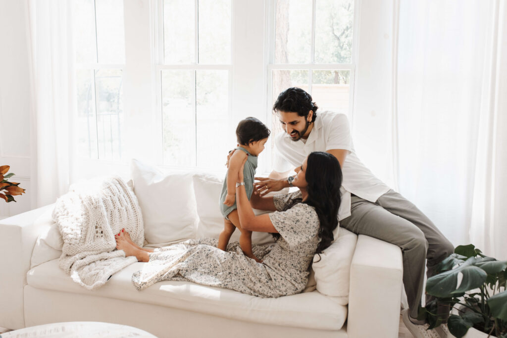 Baby milestone session near Plano Texas with nine month old baby in lifestyle home setting